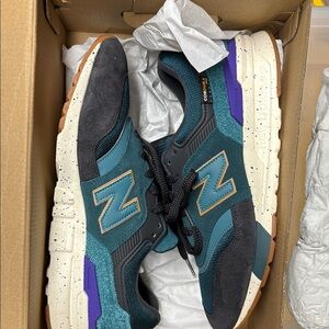 Jcrew x New Balance 997 Teal and Black Sneakers with Purple Accents